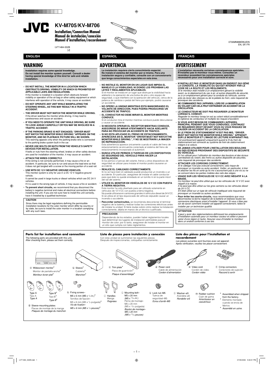 Installation/connection manual, Warning, Parts list for installation and connection | Advertencia, Avertissement | JVC LVT1484-001B User Manual | Page 7 / 10