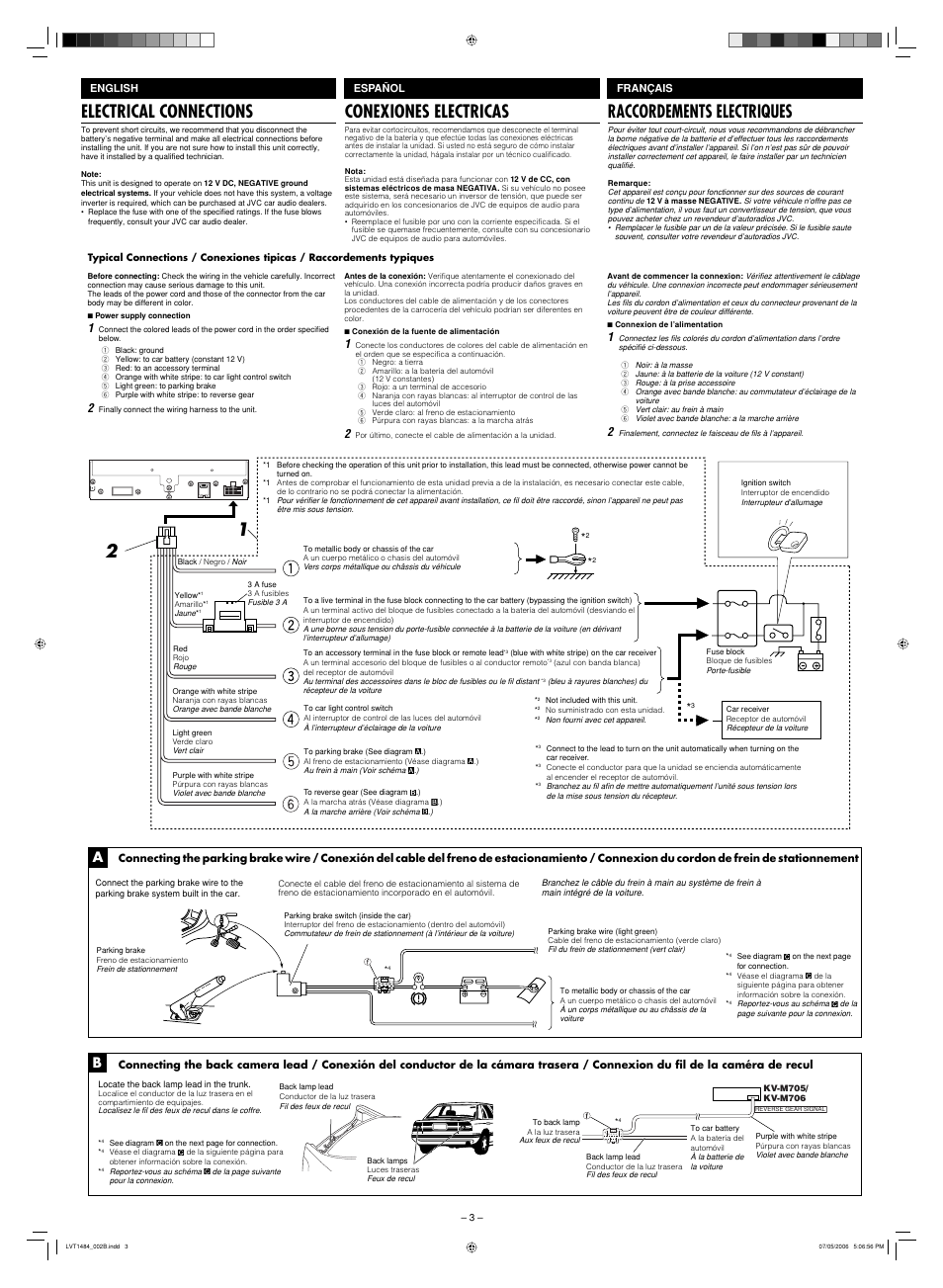 Electrical connections, Conexiones electricas, Raccordements electriques | JVC LVT1484-001B User Manual | Page 9 / 10