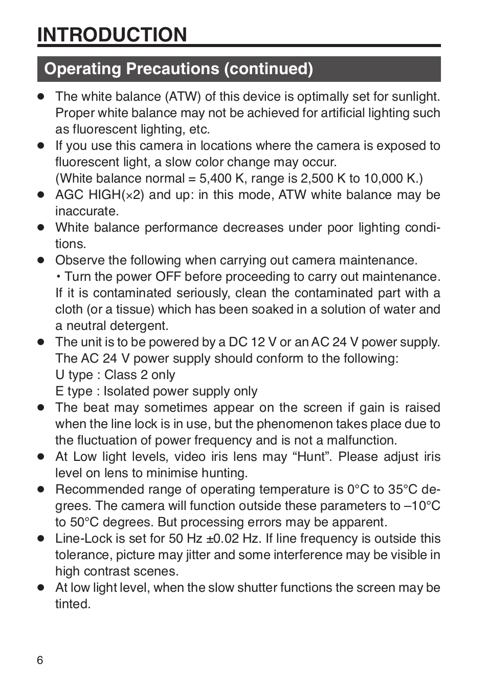Introduction, Operating precautions (continued) | JVC TK-WD31 User Manual | Page 12 / 48
