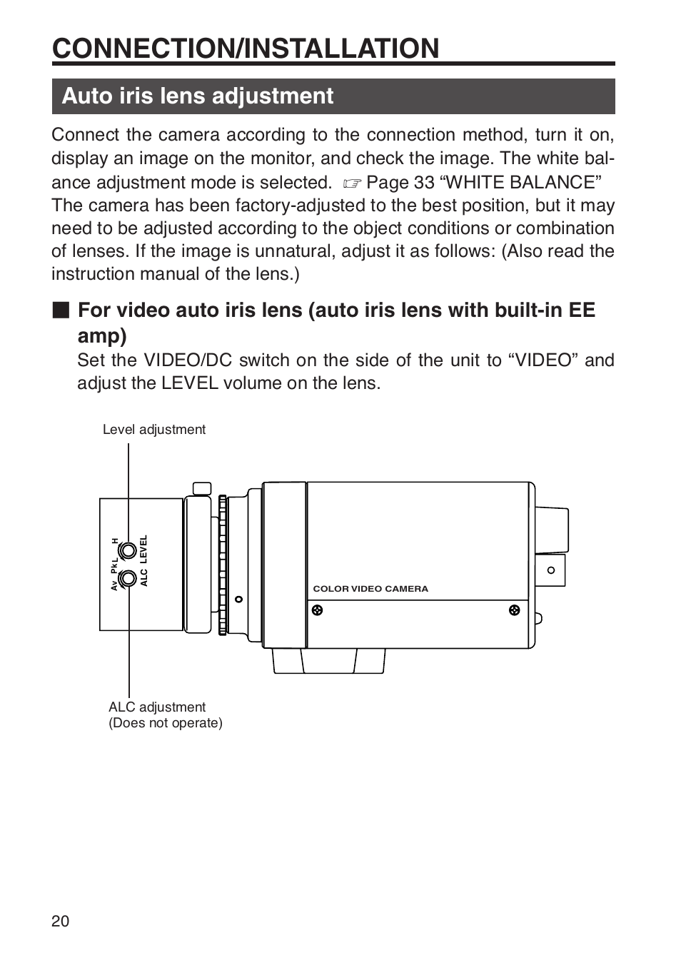 Auto iris lens adjustment, Connection/installation | JVC TK-WD31 User Manual | Page 26 / 48