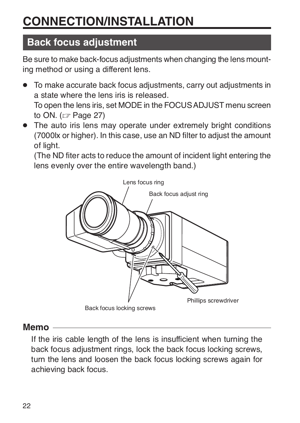 Back focus adjustment, Connection/installation | JVC TK-WD31 User Manual | Page 28 / 48