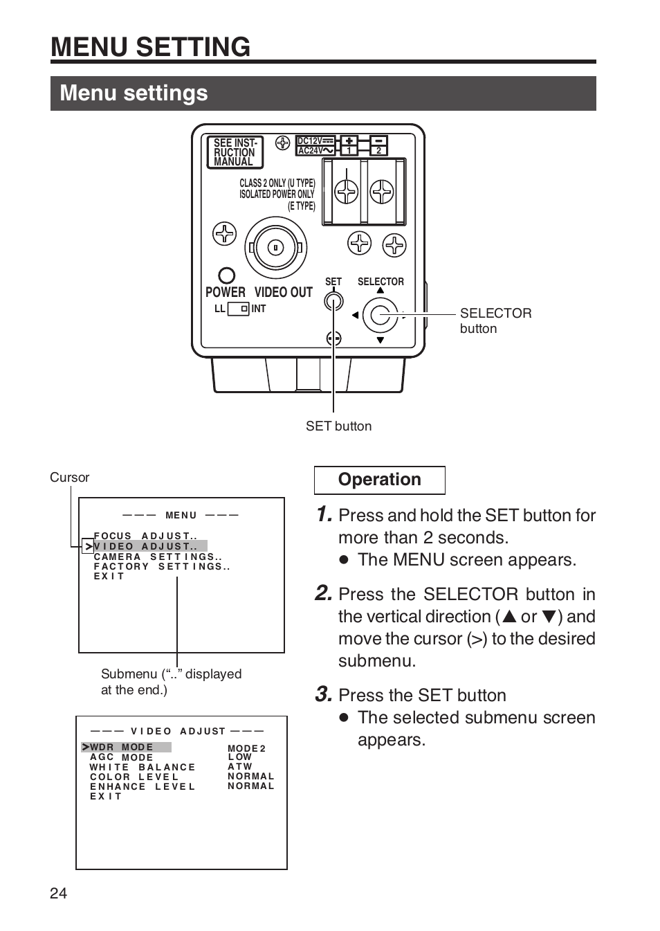 Menu setting, Menu settings, Menu setting menu settings | Operation, Power video out | JVC TK-WD31 User Manual | Page 30 / 48