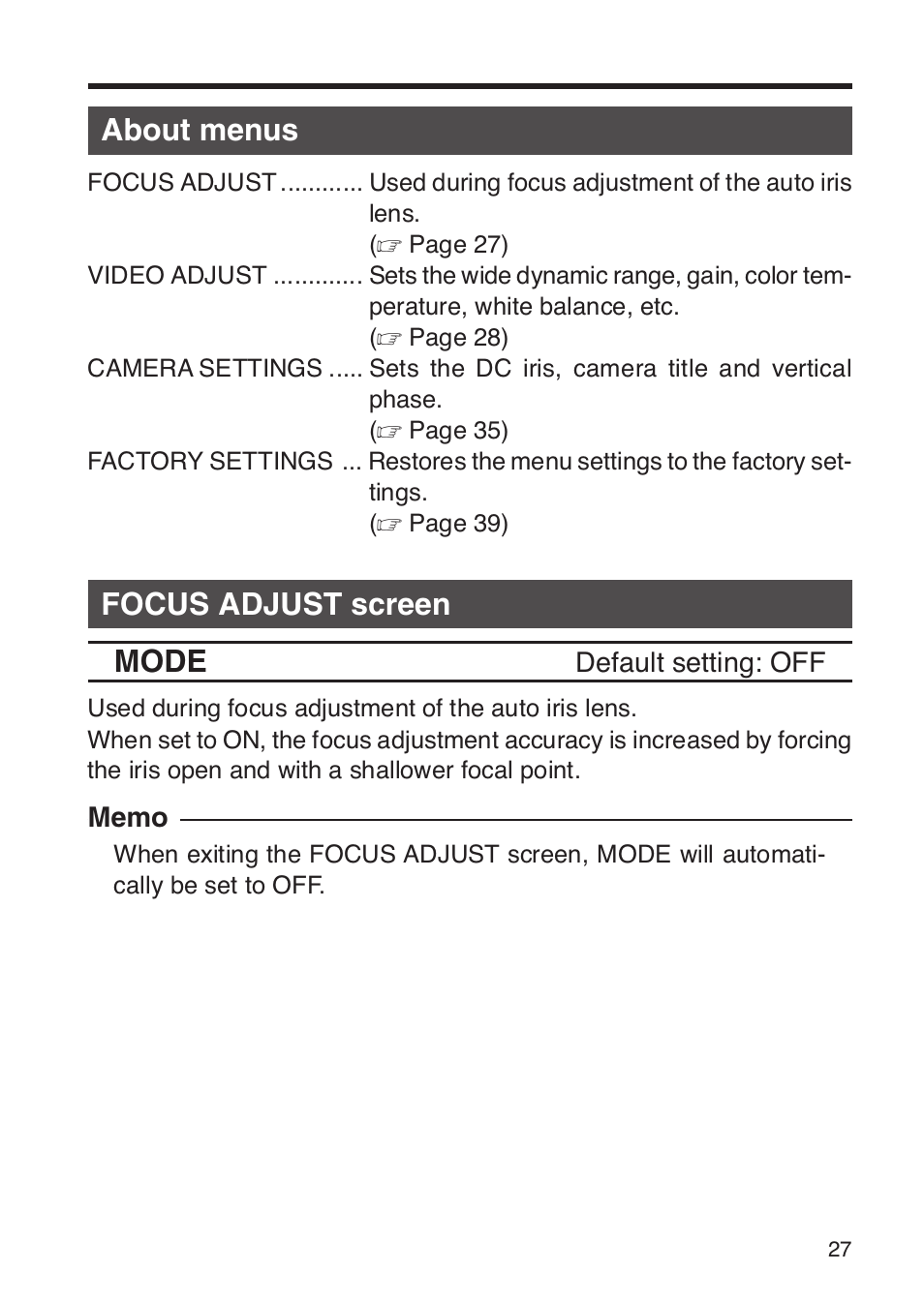 About menus, Focus adjust screen, About menus focus adjust screen | Focus adjust screen mode | JVC TK-WD31 User Manual | Page 33 / 48