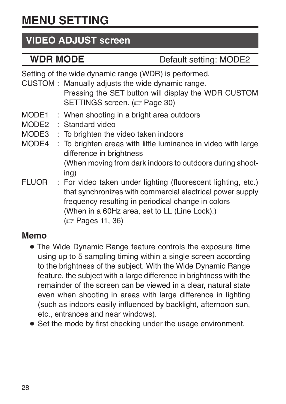 Video adjust screen, Menu setting, Video adjust screen wdr mode | JVC TK-WD31 User Manual | Page 34 / 48