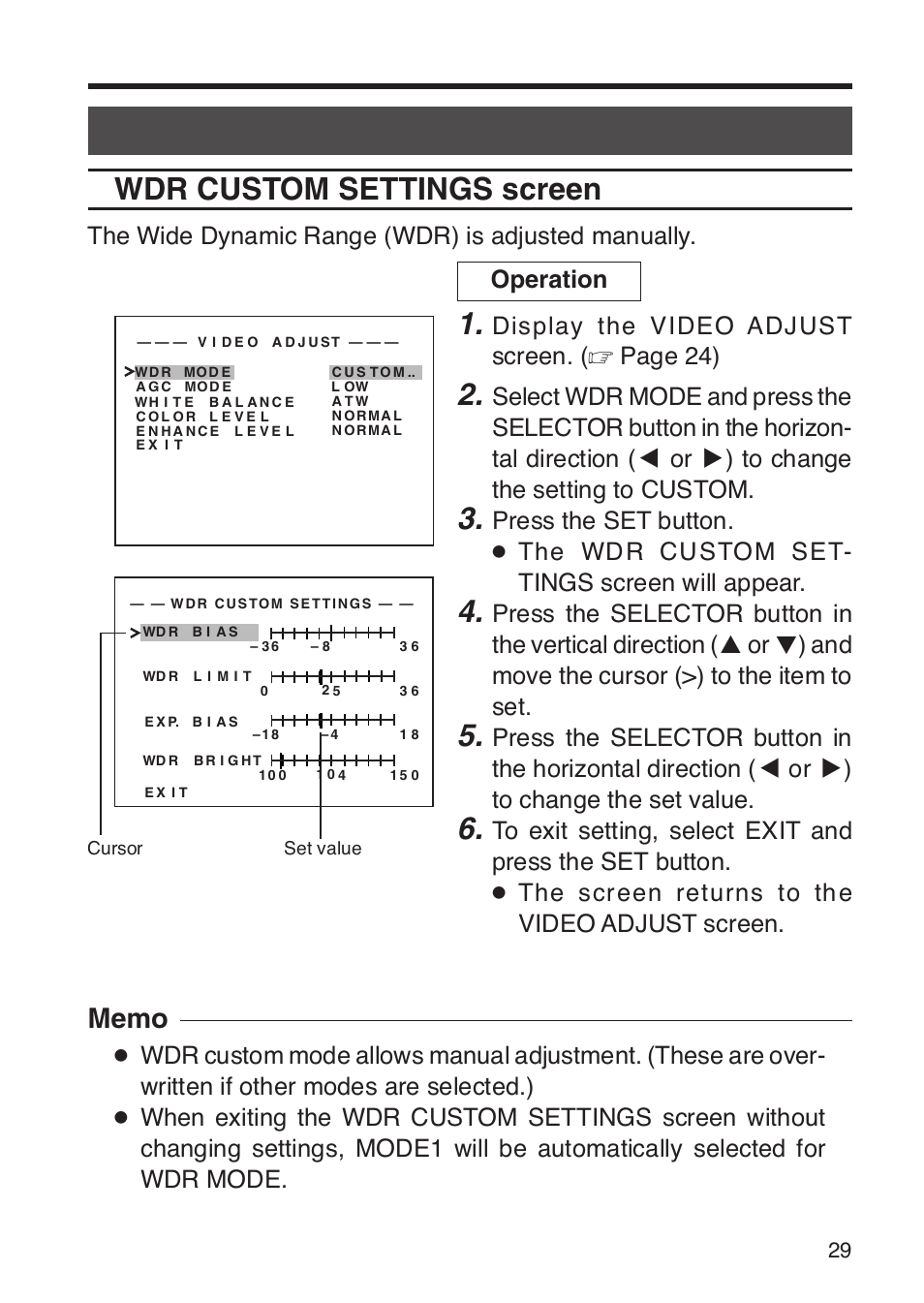 Wdr custom settings screen, Display the video adjust screen. ( ੬ page 24), The wide dynamic range (wdr) is adjusted manually | JVC TK-WD31 User Manual | Page 35 / 48