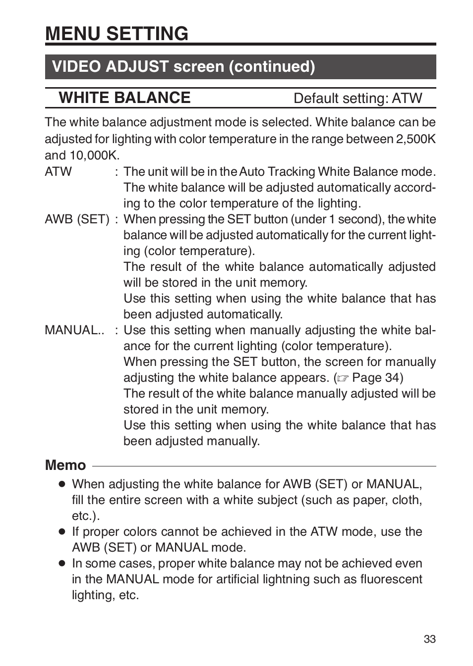 Menu setting, Video adjust screen (continued) white balance | JVC TK-WD31 User Manual | Page 39 / 48
