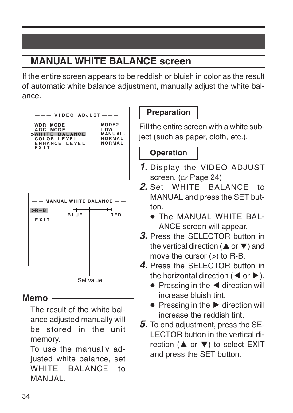 Manual white balance screen, Display the video adjust screen. ( ੬ page 24) | JVC TK-WD31 User Manual | Page 40 / 48