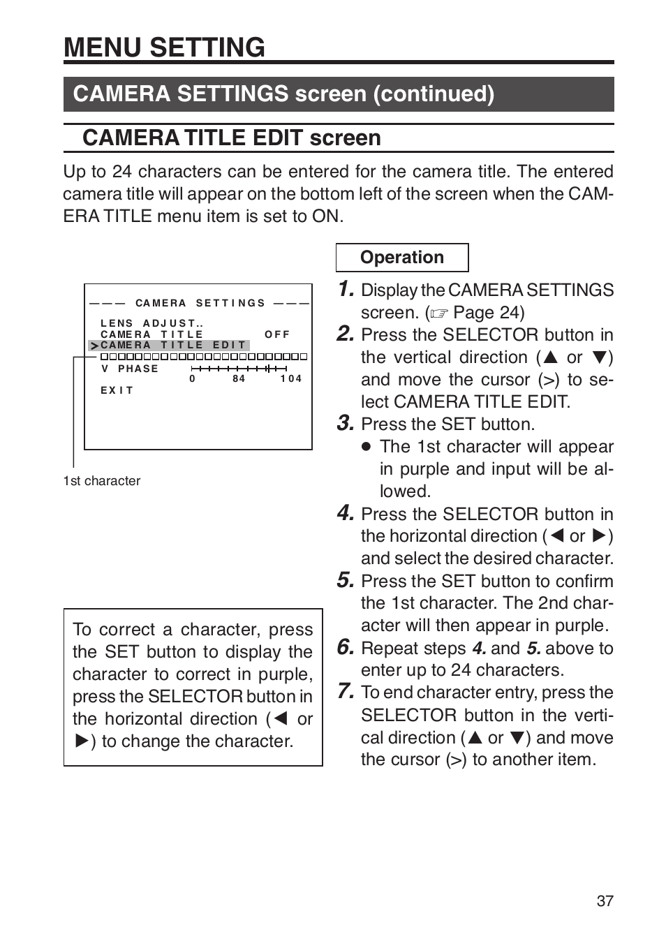 Camera title edit screen, Menu setting, Display the camera settings screen. ( ੬ page 24) | JVC TK-WD31 User Manual | Page 43 / 48