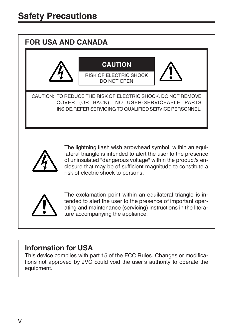 Safety precautions, For usa and canada, Information for usa | JVC TK-WD31 User Manual | Page 6 / 48