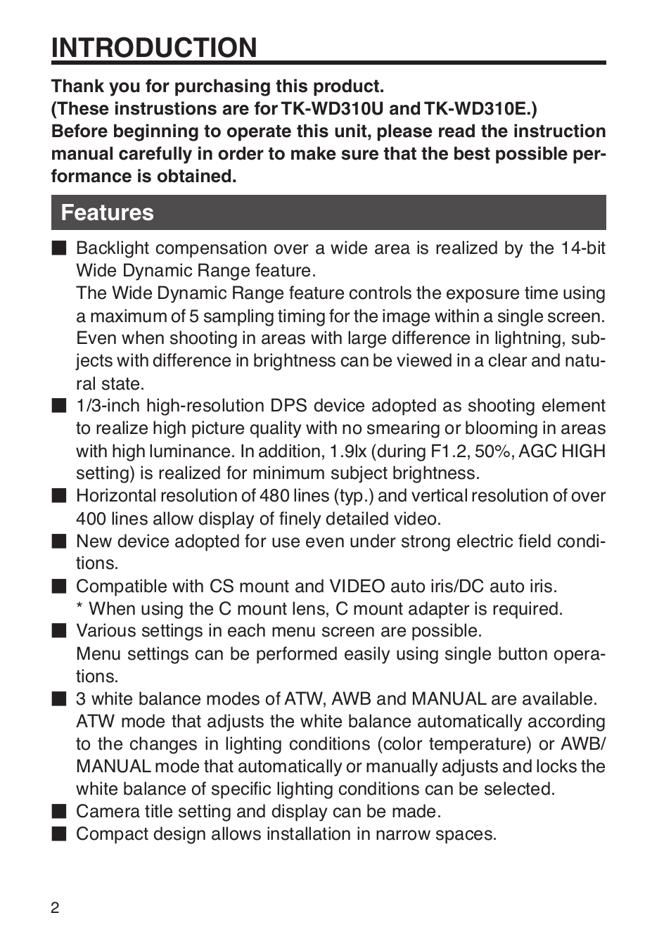 Introduction, Features | JVC TK-WD31 User Manual | Page 8 / 48