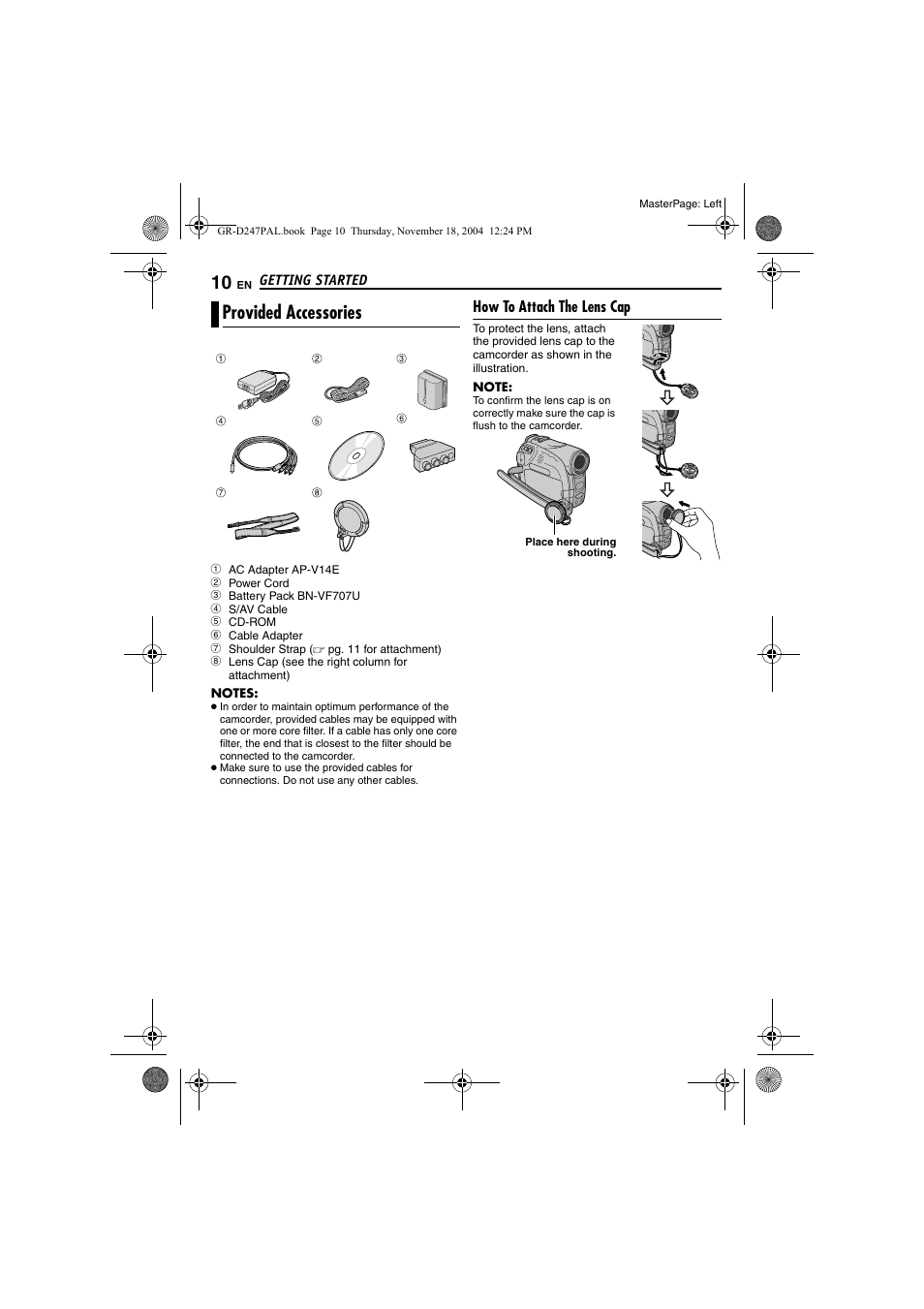 Provided accessories, How to attach the lens cap | JVC GR-D247 User Manual | Page 10 / 48