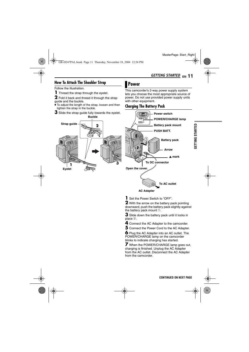 How to attach the shoulder strap, Power, Charging the battery pack | Pg. 11), Pg. 11 | JVC GR-D247 User Manual | Page 11 / 48