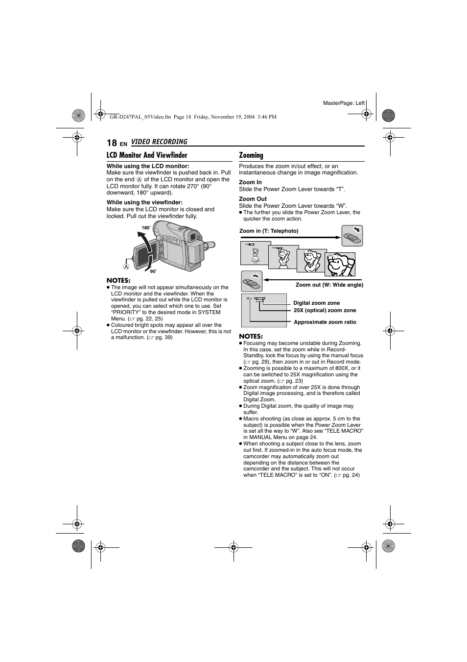 Lcd monitor and viewfinder, Zooming, Tape remaining time | 17 lcd mon, Pg. 18), Pg. 18, 1, Video recording | JVC GR-D247 User Manual | Page 18 / 48