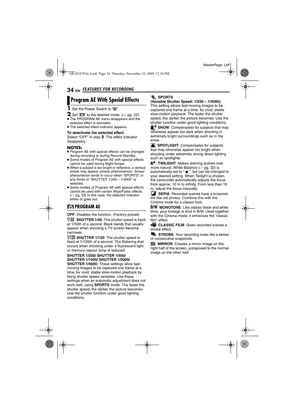 Program ae with special effects, Program ae, Motion | Pg. 34), Program ae with special, Effects, Pg. 34) i | JVC GR-D247 User Manual | Page 34 / 48