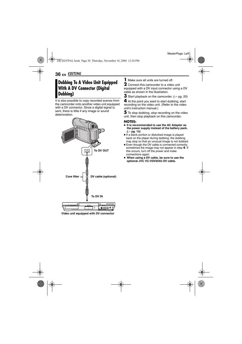 Dubbing to a video unit equipped with a dv, Connector (digital dubbing), Pg. 36, 3 | JVC GR-D247 User Manual | Page 36 / 48