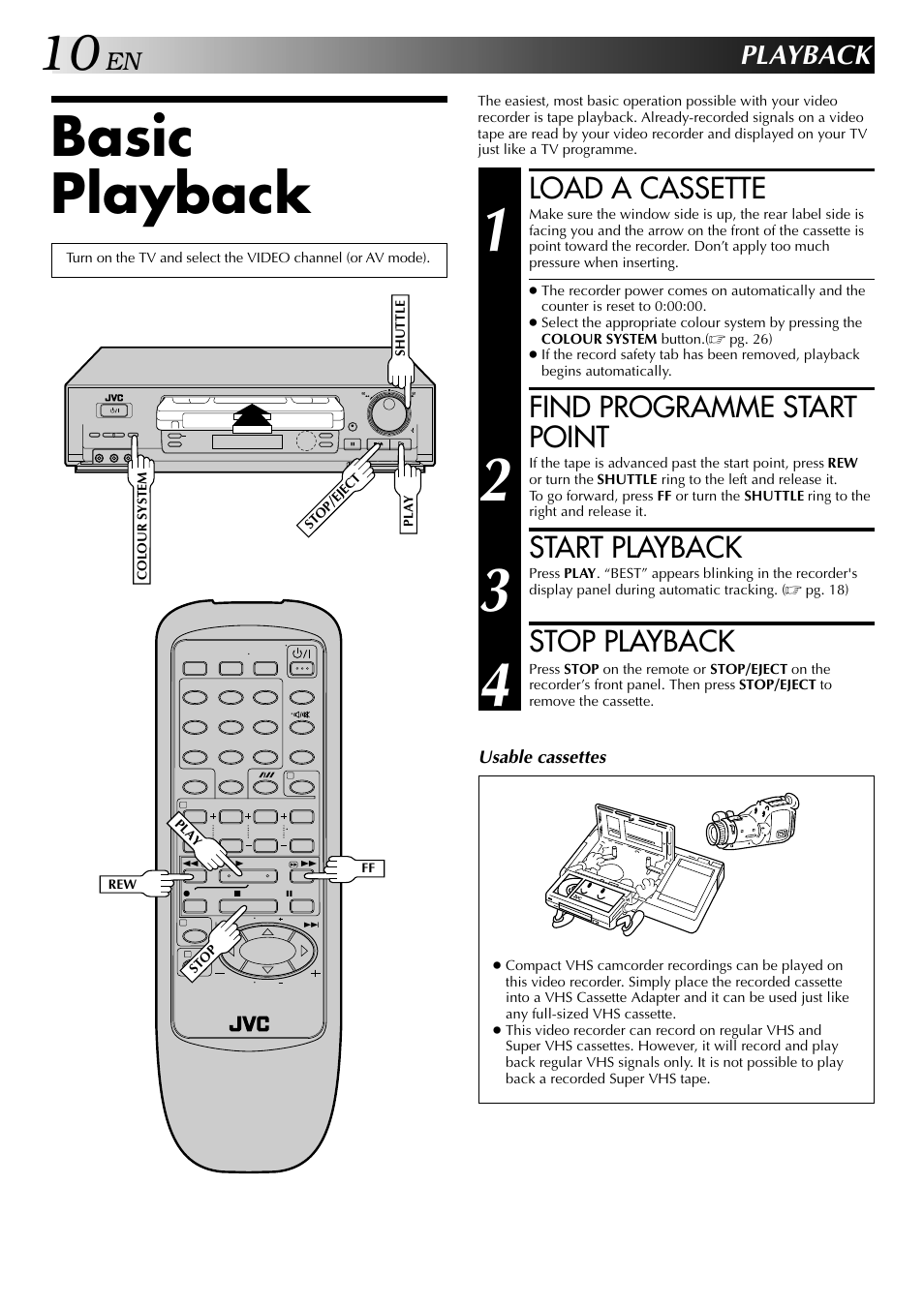 Basic playback, Load a cassette, Find programme start point | Start playback, Stop playback, Playback | JVC HR-J647MS User Manual | Page 10 / 42