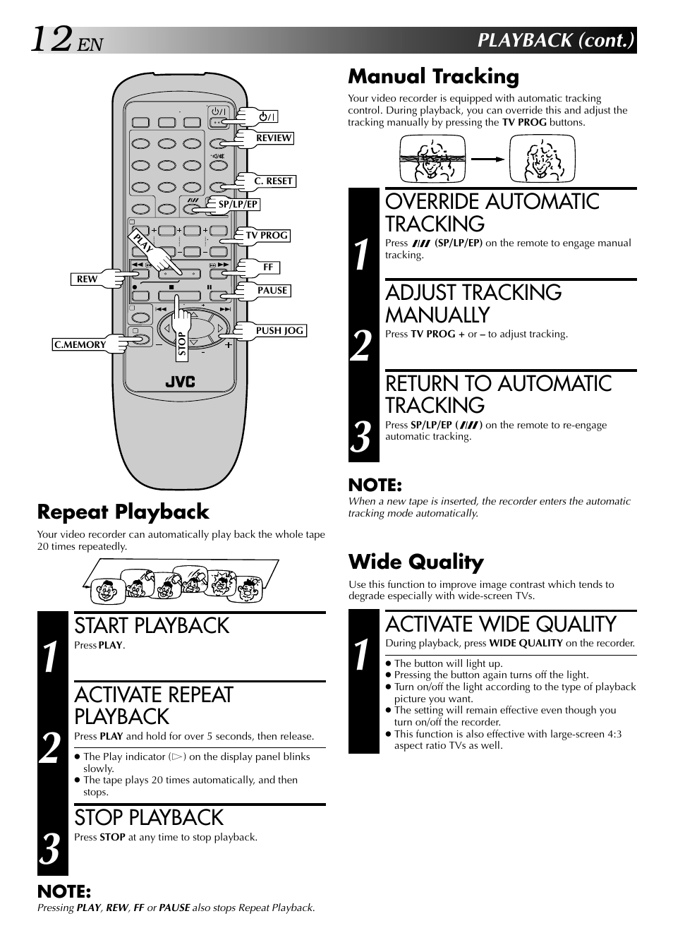 Override automatic tracking, Adjust tracking manually, Return to automatic tracking | Start playback, Activate repeat playback, Stop playback, Activate wide quality, Playback (cont.), Manual tracking, Repeat playback | JVC HR-J647MS User Manual | Page 12 / 42