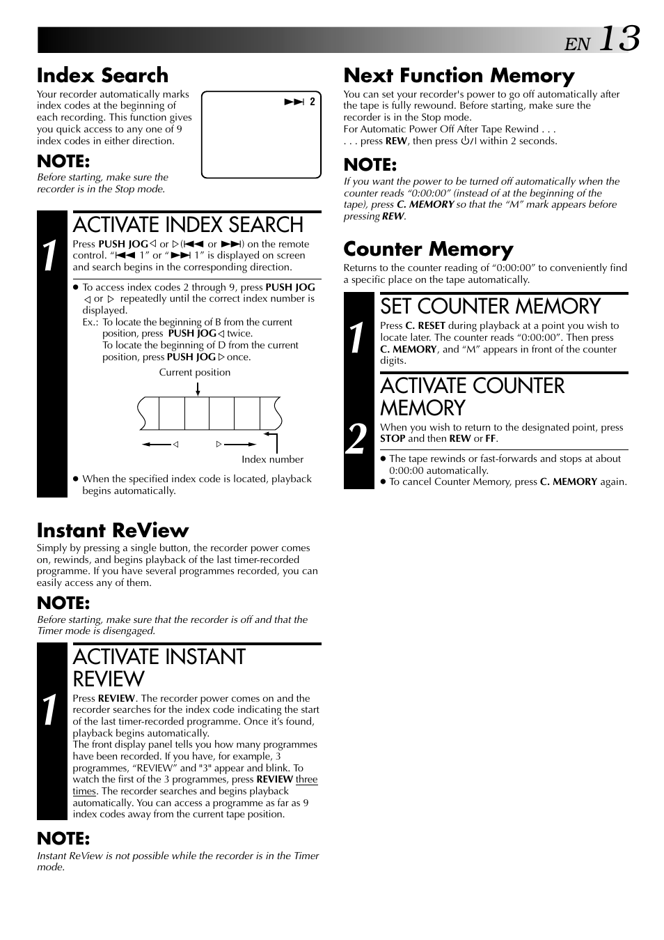 Activate index search, Activate instant review, Index search | Instant review | JVC HR-J647MS User Manual | Page 13 / 42