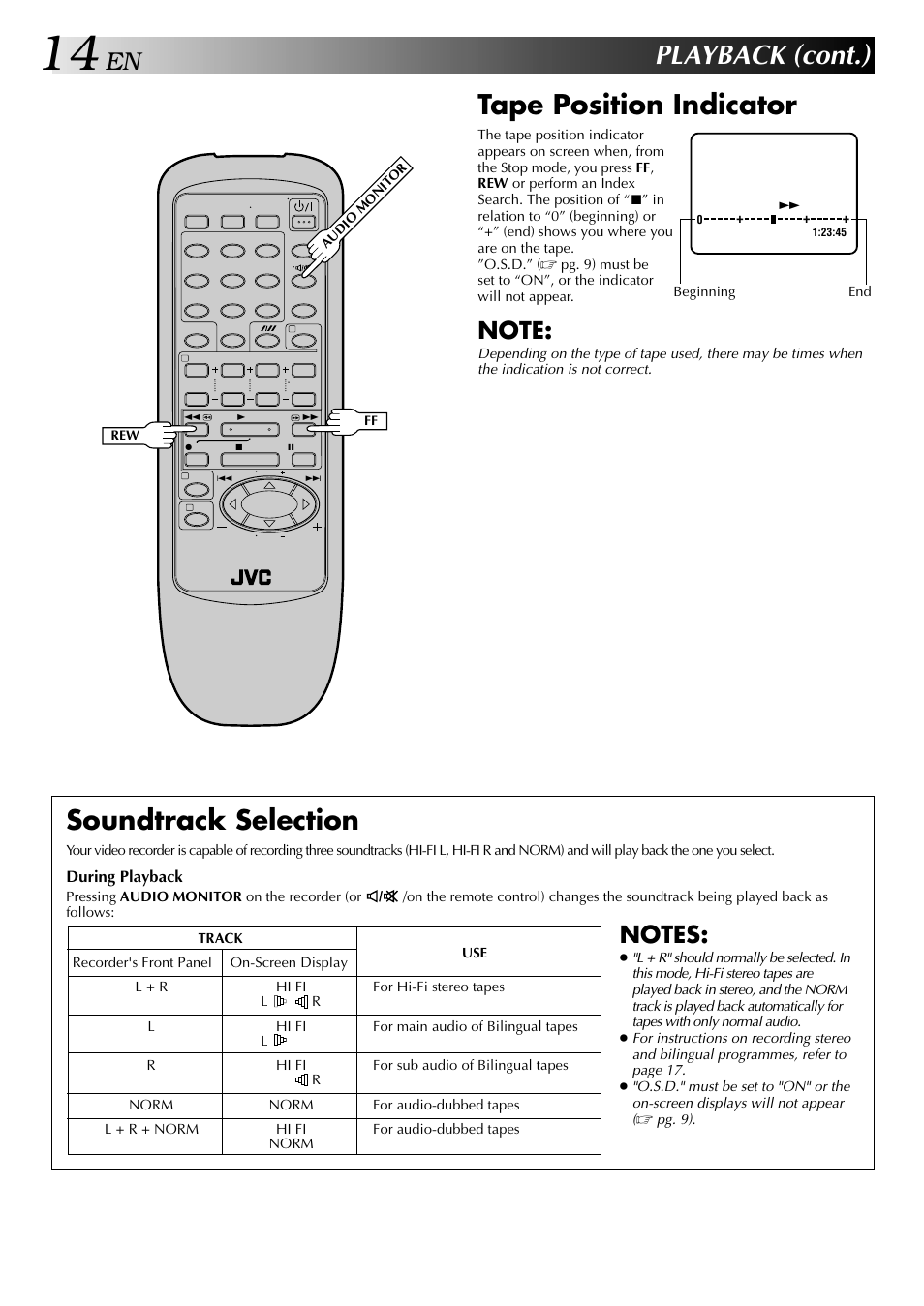 Playback (cont.), Tape position indicator, Soundtrack selection | JVC HR-J647MS User Manual | Page 14 / 42