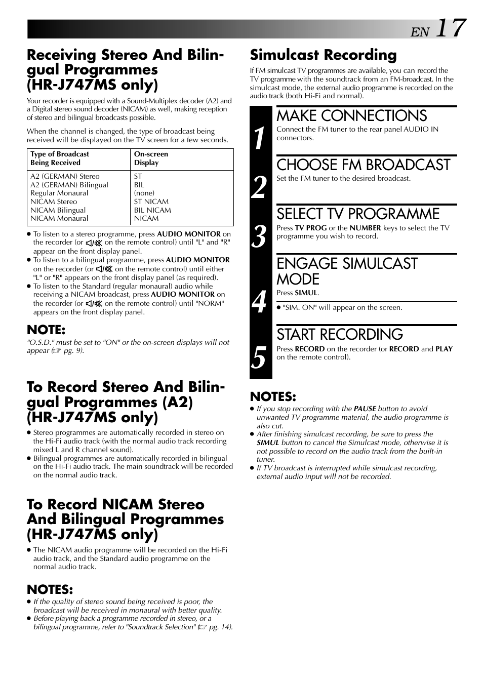 Make connections, Choose fm broadcast, Select tv programme | Engage simulcast mode, Start recording, Simulcast recording | JVC HR-J647MS User Manual | Page 17 / 42