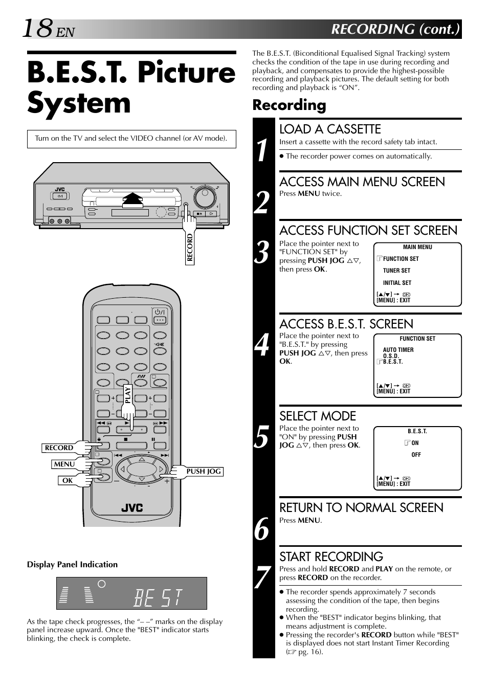 B.e.s.t. picture system, Recording (cont.), Recording | Load a cassette, Access main menu screen, Access function set screen, Access b.e.s.t. screen, Select mode, Return to normal screen, Start recording | JVC HR-J647MS User Manual | Page 18 / 42