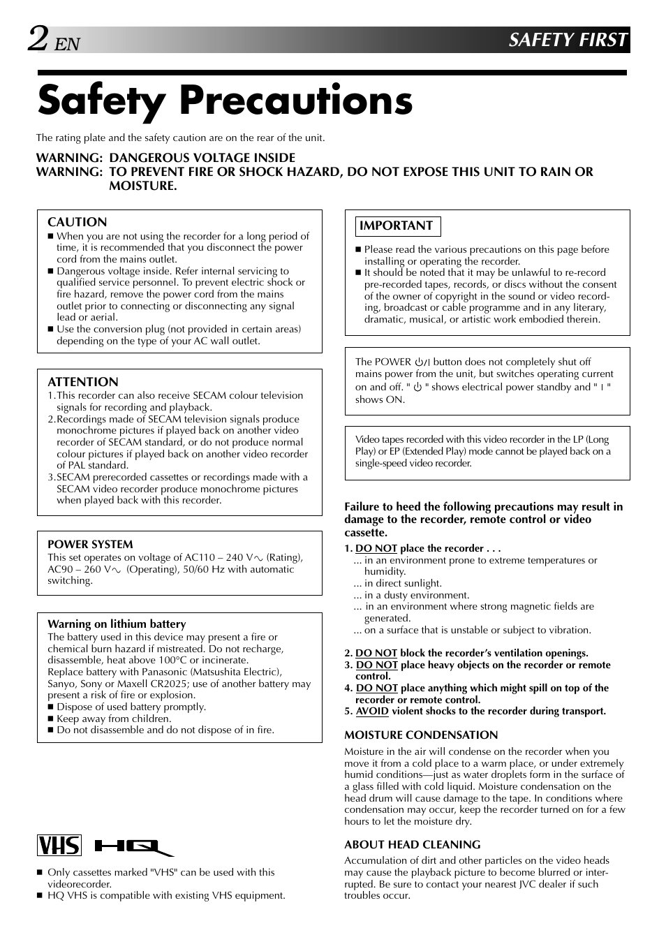 Safety precautions, Safety first | JVC HR-J647MS User Manual | Page 2 / 42