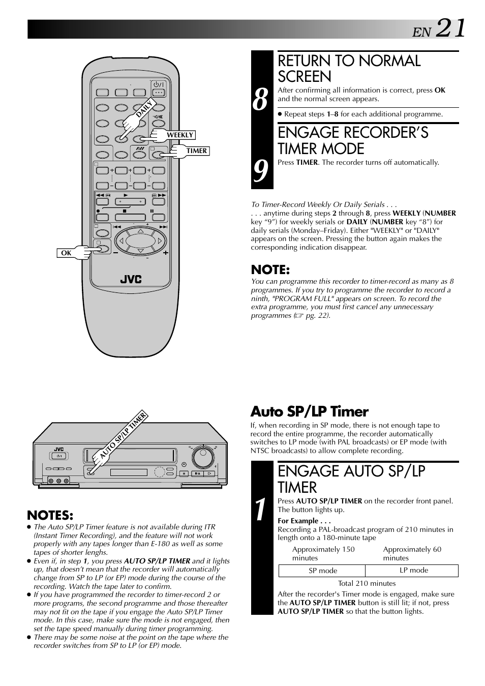 Return to normal screen, Engage recorder’s timer mode, Engage auto sp/lp timer | Auto sp/lp timer | JVC HR-J647MS User Manual | Page 21 / 42