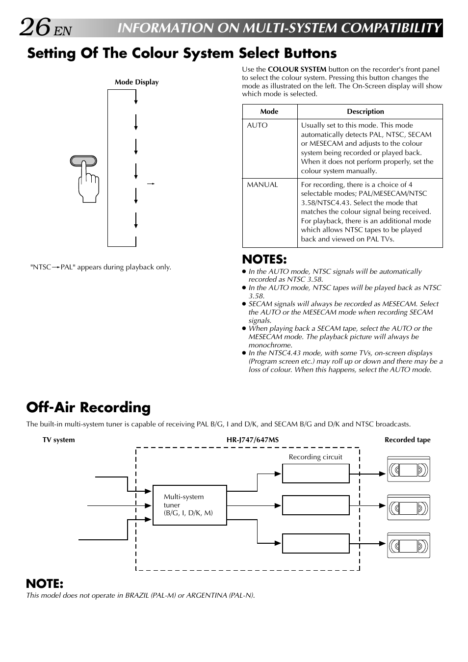 Information on multi-system compatibility, Setting of the colour system select buttons, Off-air recording | JVC HR-J647MS User Manual | Page 26 / 42