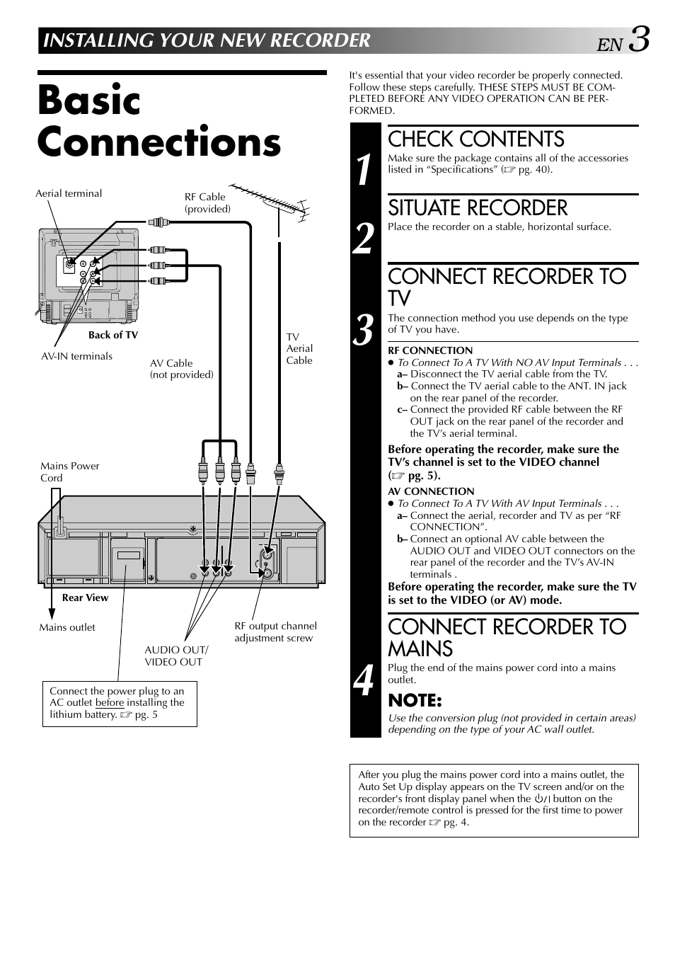Basic connections, Check contents, Situate recorder | Connect recorder to tv, Connect recorder to mains, Installing your new recorder | JVC HR-J647MS User Manual | Page 3 / 42
