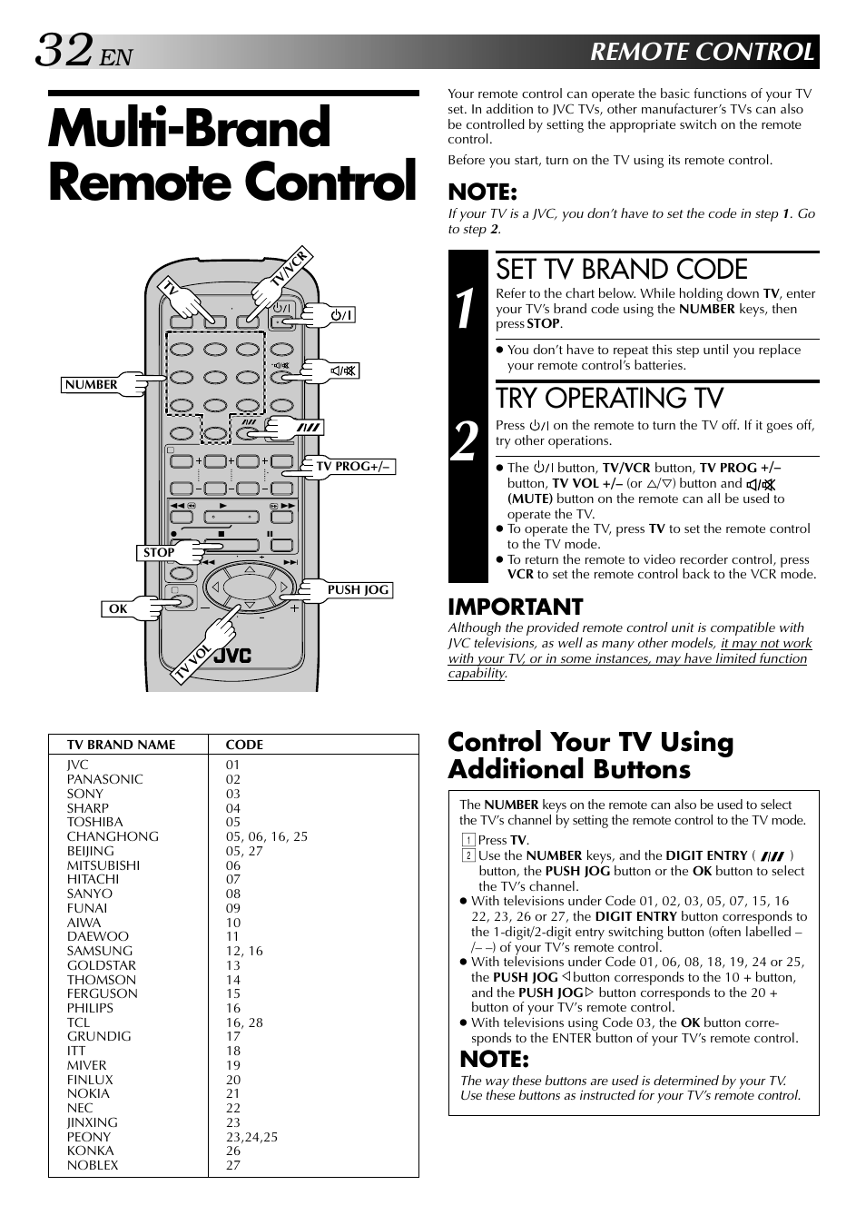 Multi-brand remote control, Set tv brand code, Try operating tv | Remote control, Control your tv using additional buttons, Important | JVC HR-J647MS User Manual | Page 32 / 42