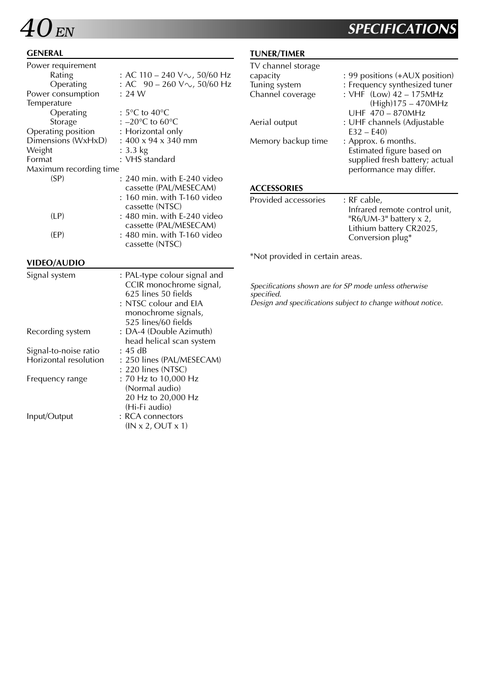 Specifications | JVC HR-J647MS User Manual | Page 40 / 42