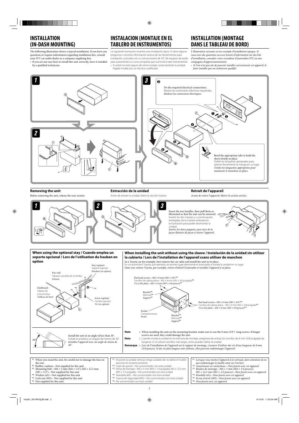 Installation (in-dash mounting), Installation (montage dans le tableau de bord), Removing the unit | Extracción de la unidad, Retrait de l’appareil | JVC GET0576-002B User Manual | Page 2 / 4