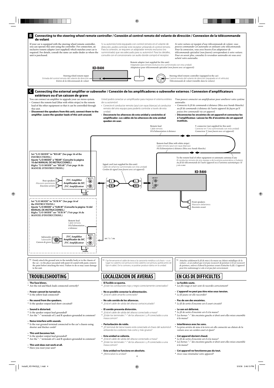 Troubleshooting, Localizacion de averias, En cas de difficultes | JVC GET0576-002B User Manual | Page 4 / 4