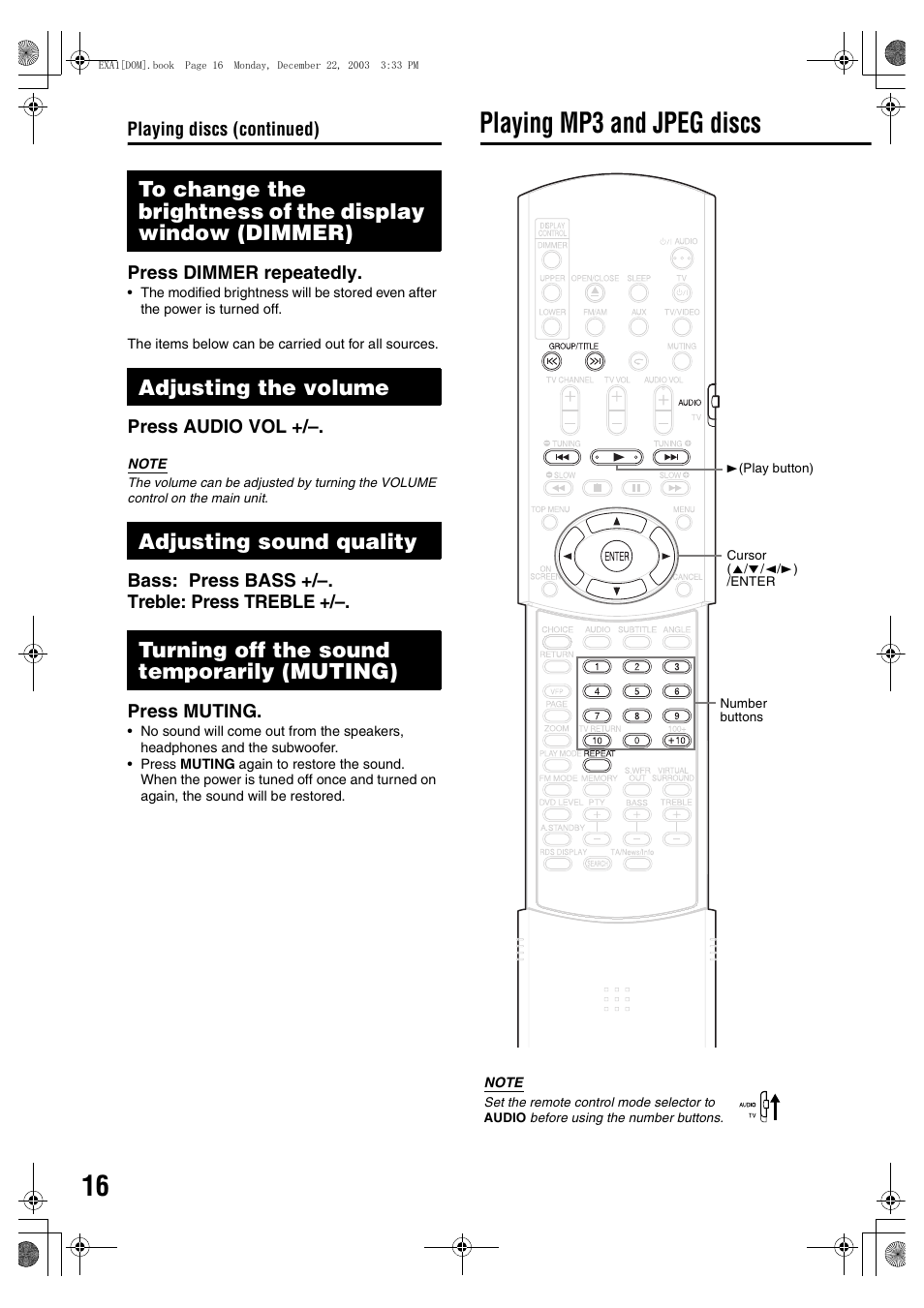 Adjusting the volume, Adjusting sound quality, Turning off the sound temporarily (muting) | Advanced operations, Playing mp3 and jpeg discs | JVC CA-EXA5 User Manual | Page 20 / 47