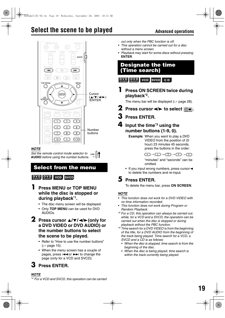 Select the scene to be played, Select from the menu, Designate the time (time search) | JVC CA-EXA5 User Manual | Page 23 / 47