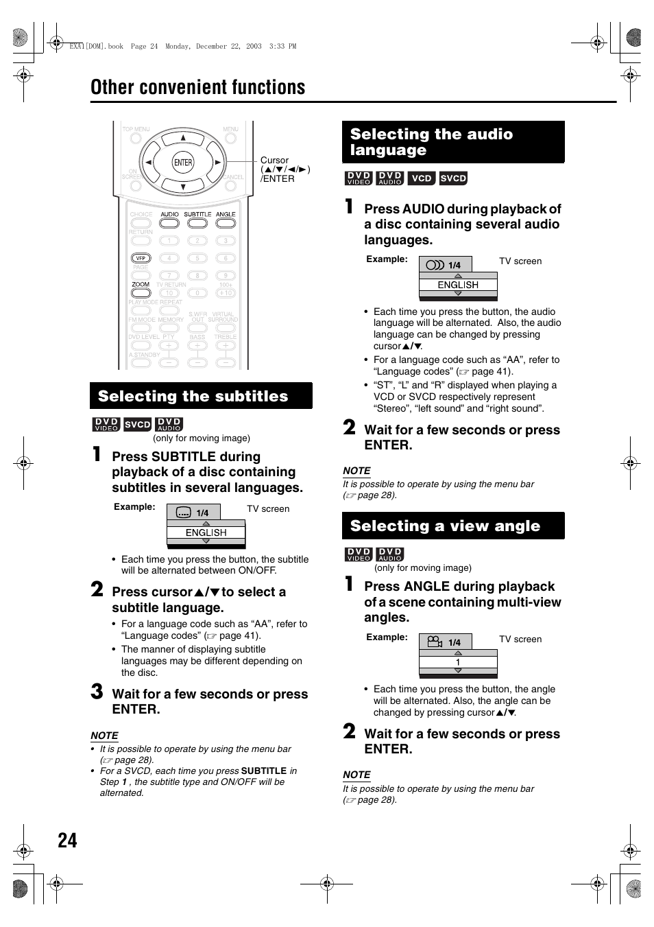 Other convenient functions, Selecting the subtitles, Selecting the audio language | Selecting a view angle | JVC CA-EXA5 User Manual | Page 28 / 47