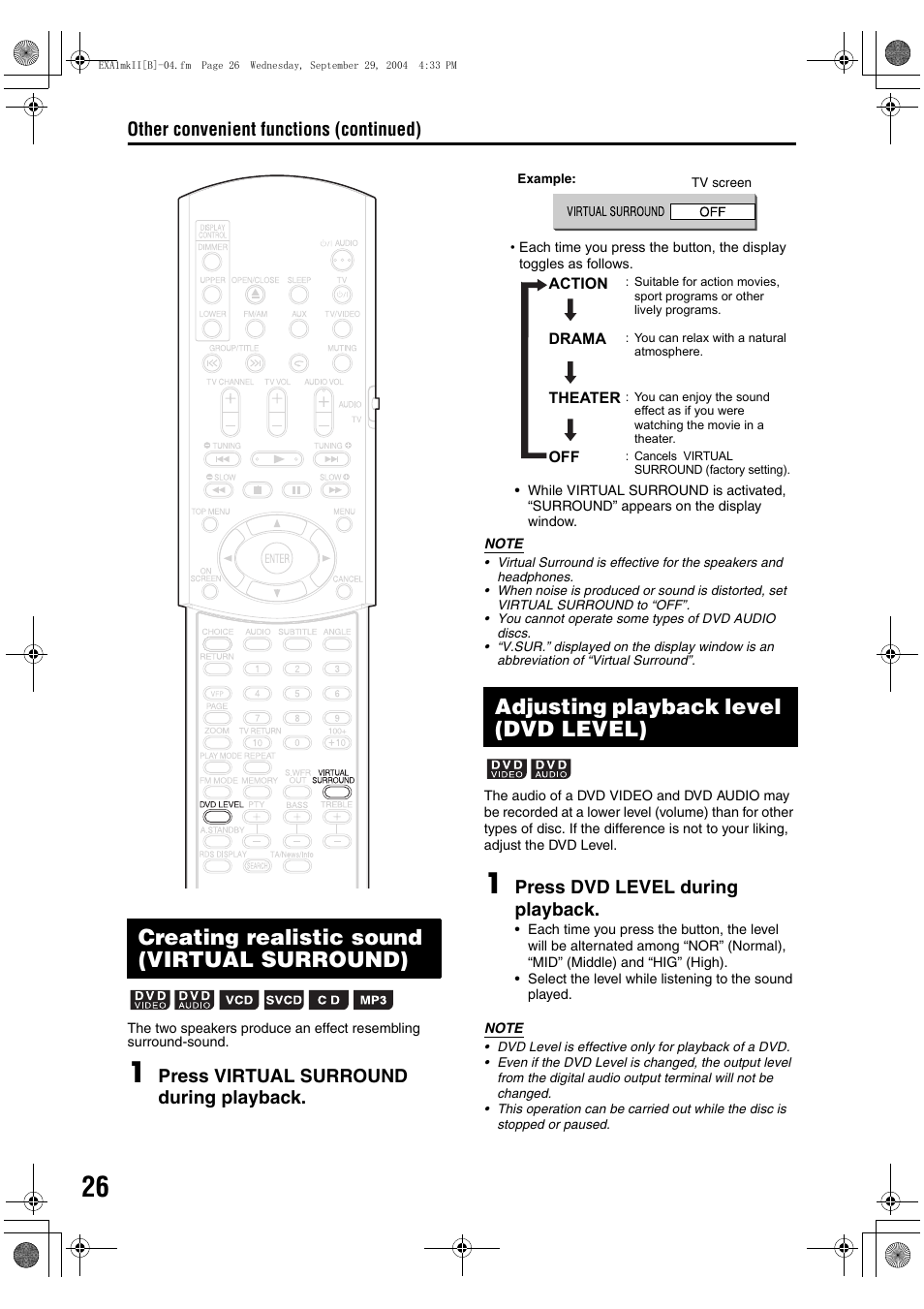 Creating realistic sound (virtual surround), Adjusting playback level (dvd level), Other convenient functions (continued) | Press virtual surround during playback, Press dvd level during playback | JVC CA-EXA5 User Manual | Page 30 / 47