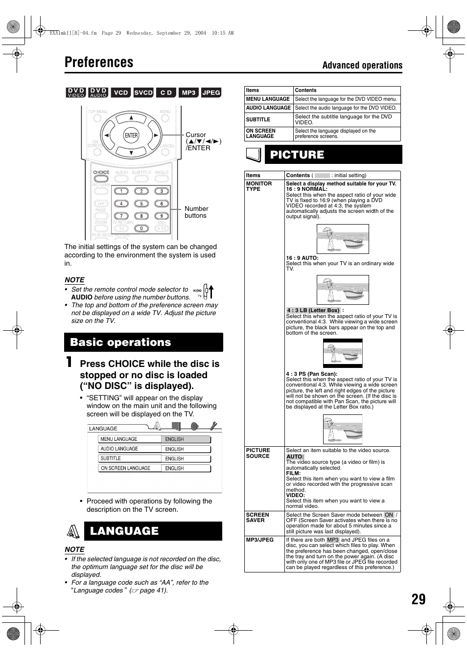 Preferences, Basic operations language, Picture | Advanced operations | JVC CA-EXA5 User Manual | Page 33 / 47