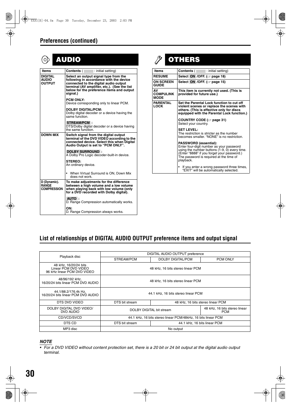 Picture audio, Others, Preferences (continued) | JVC CA-EXA5 User Manual | Page 34 / 47