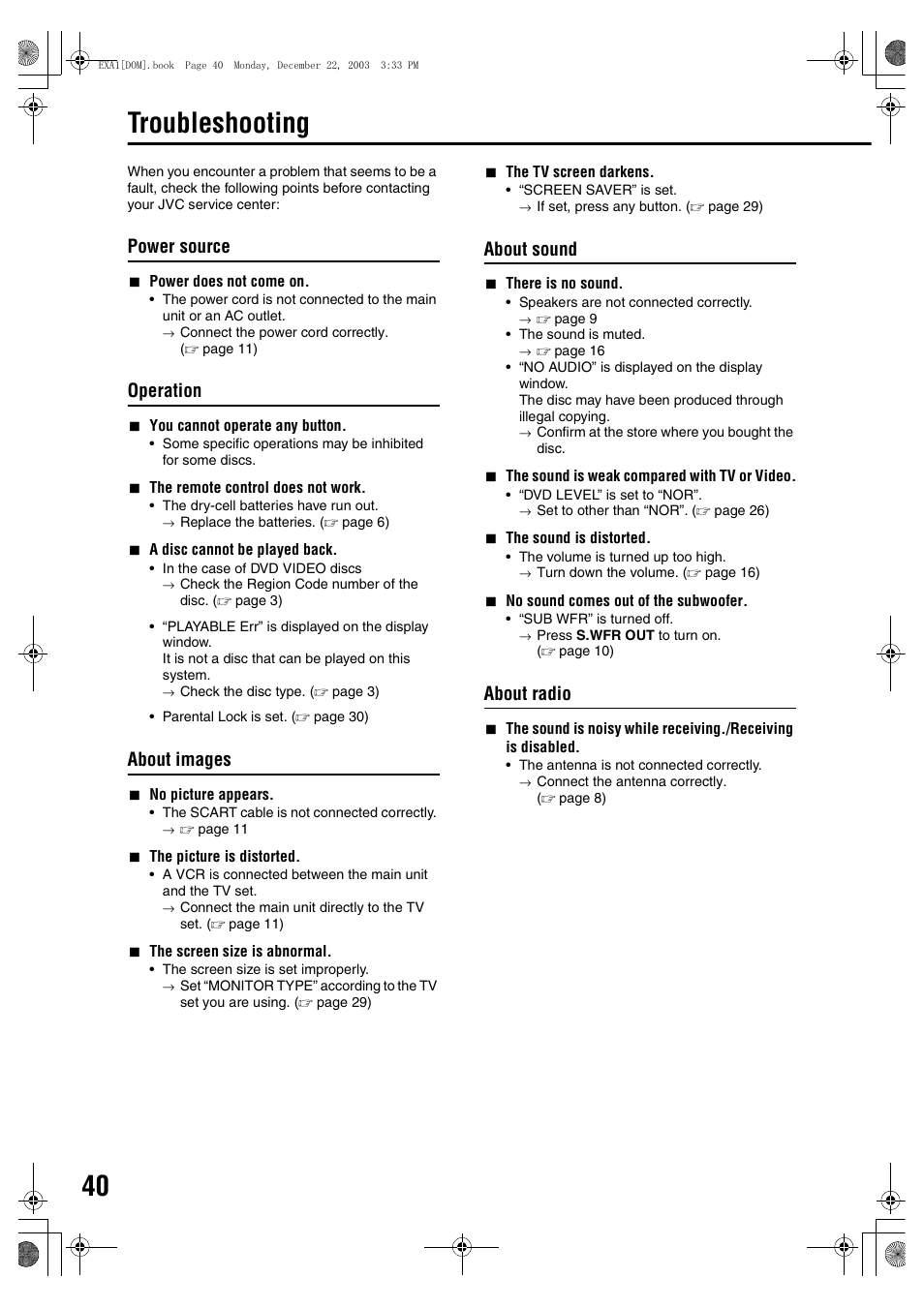 Reference, Troubleshooting, Power source | Operation, About images, About sound, About radio | JVC CA-EXA5 User Manual | Page 44 / 47