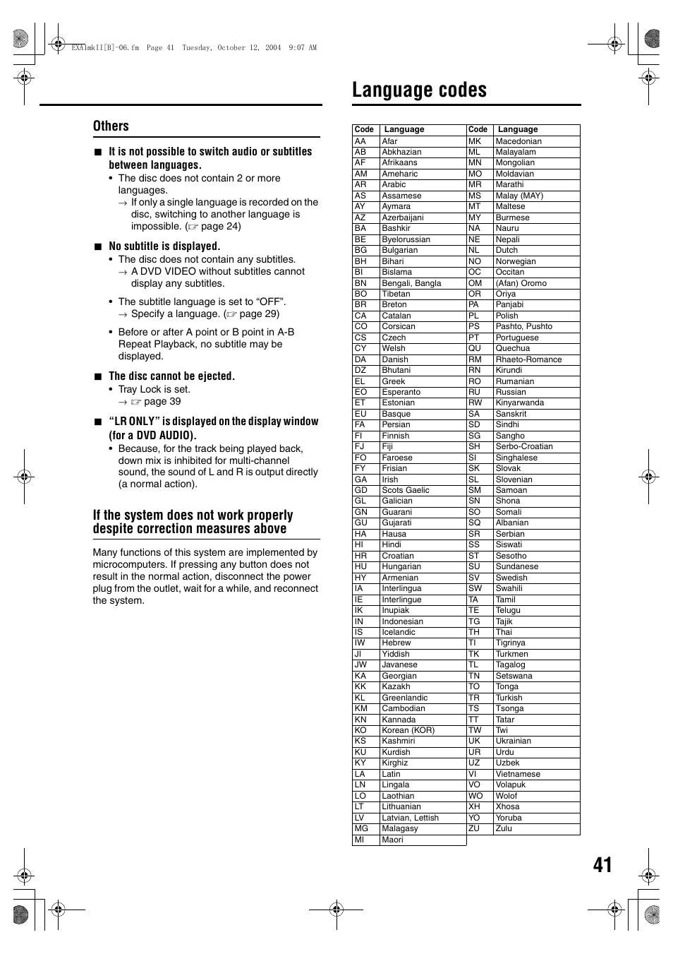 Language codes, Others, 7no subtitle is displayed | 7the disc cannot be ejected | JVC CA-EXA5 User Manual | Page 45 / 47