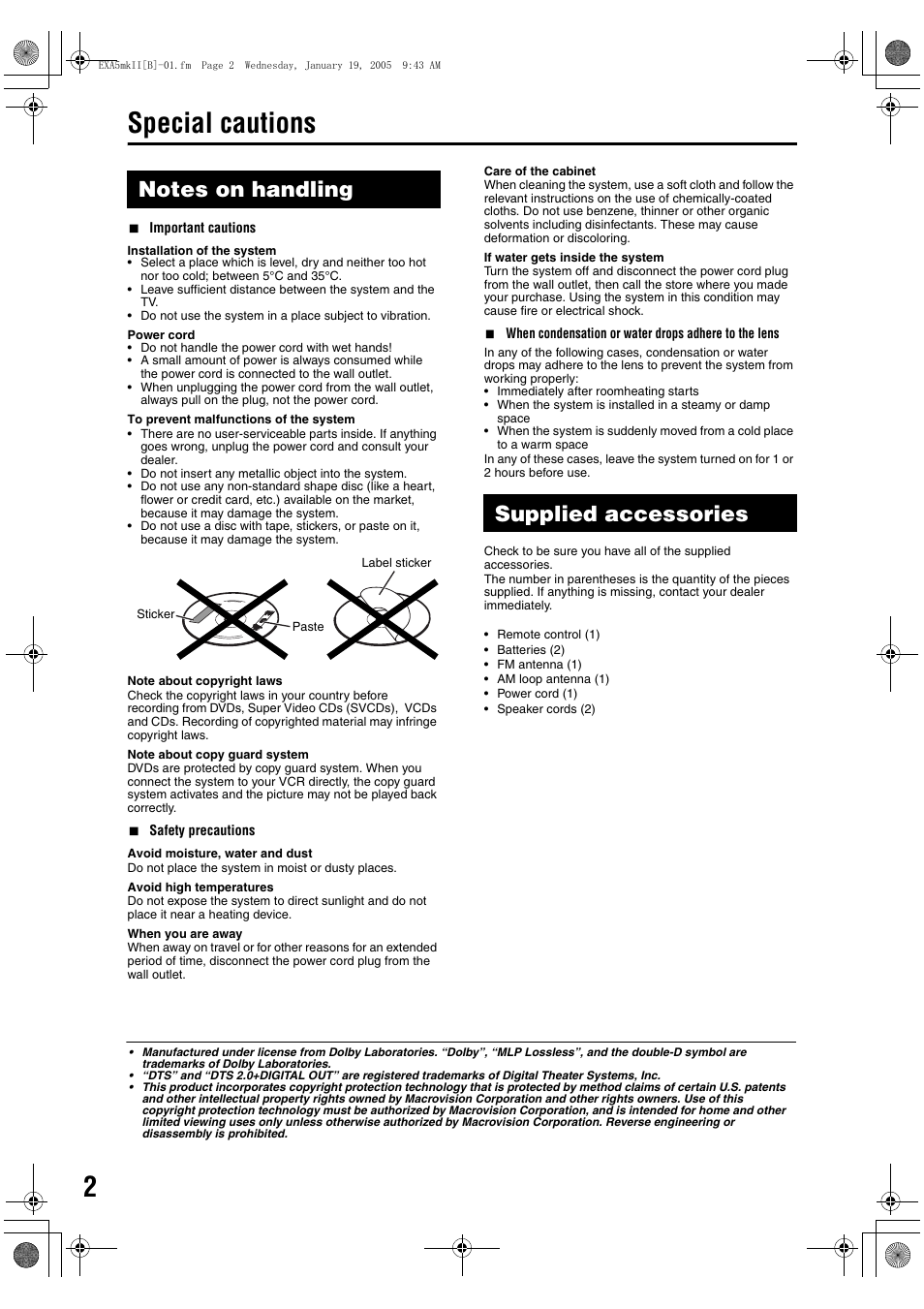 Special cautions, Supplied accessories | JVC CA-EXA5 User Manual | Page 6 / 47
