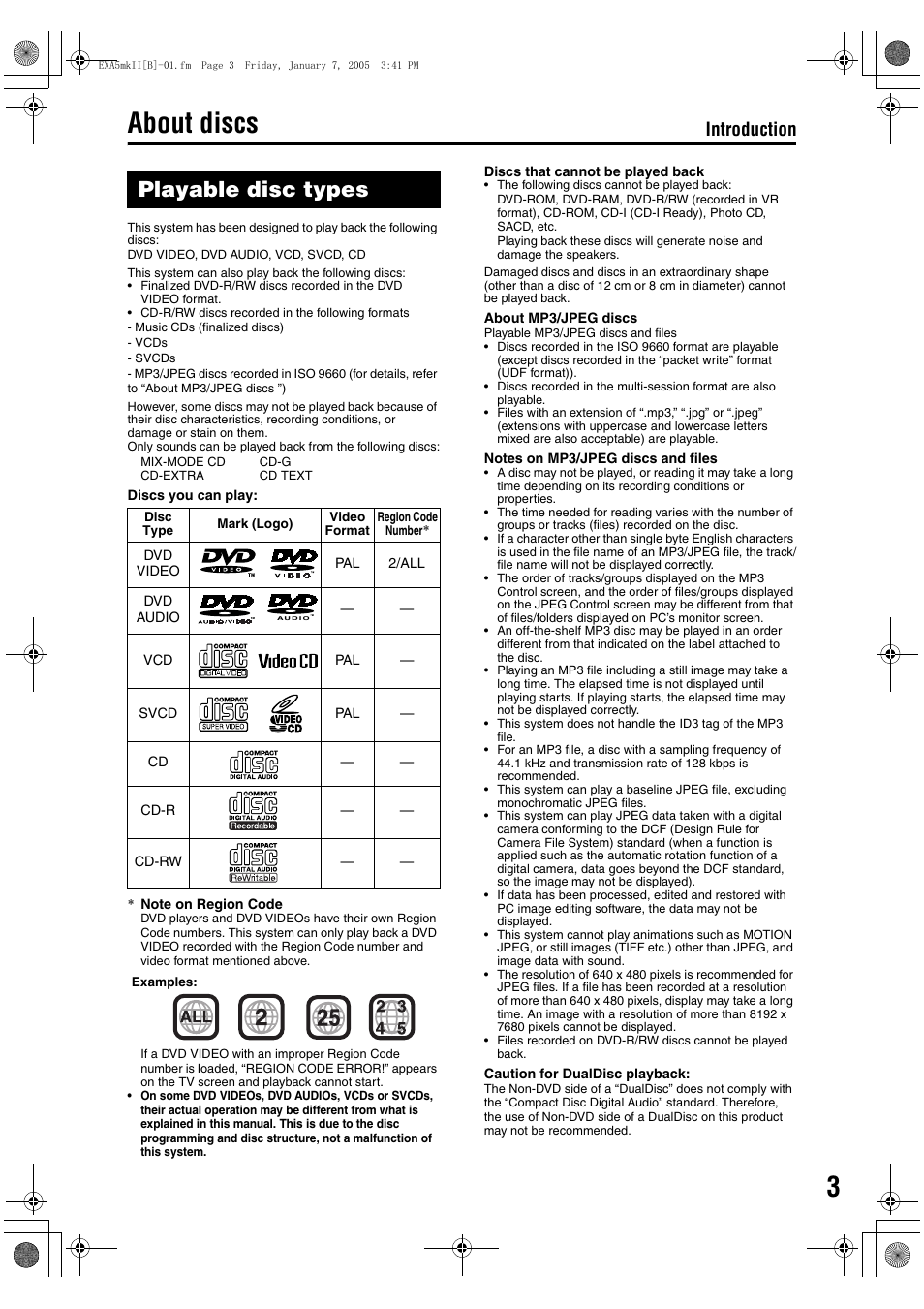 About discs, Playable disc types, Introduction | JVC CA-EXA5 User Manual | Page 7 / 47