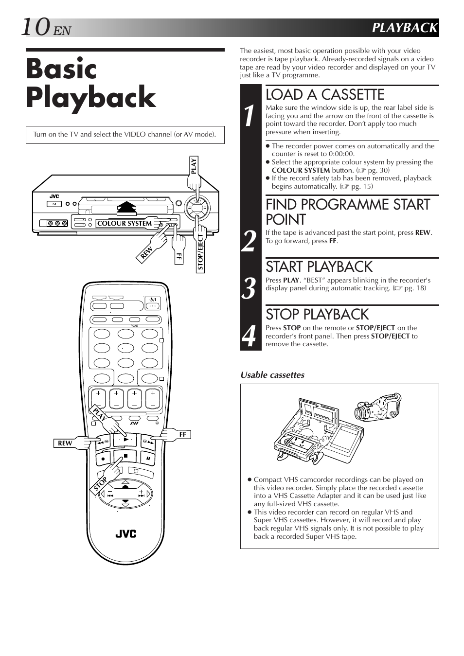 Basic playback, Load a cassette, Find programme start point | Start playback, Stop playback, Playback | JVC HR-J655EA User Manual | Page 10 / 48