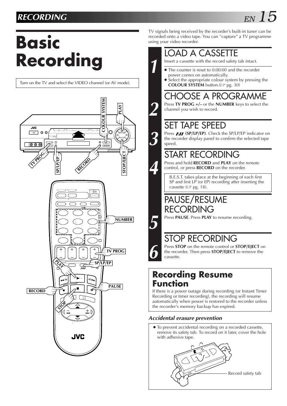 Basic recording, Load a cassette, Choose a programme | Set tape speed, Start recording, Pause/resume recording, Stop recording, Recording, Recording resume function | JVC HR-J655EA User Manual | Page 15 / 48