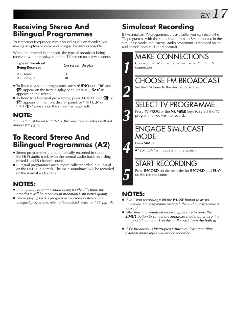 Make connections, Choose fm broadcast, Select tv programme | Engage simulcast mode, Start recording, Simulcast recording, Receiving stereo and bilingual programmes | JVC HR-J655EA User Manual | Page 17 / 48