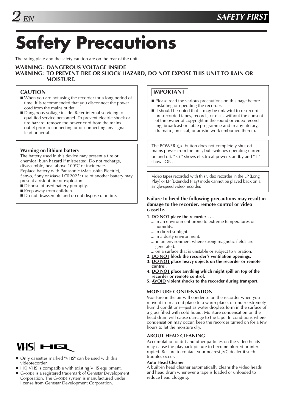 Safety precautions, Safety first | JVC HR-J655EA User Manual | Page 2 / 48