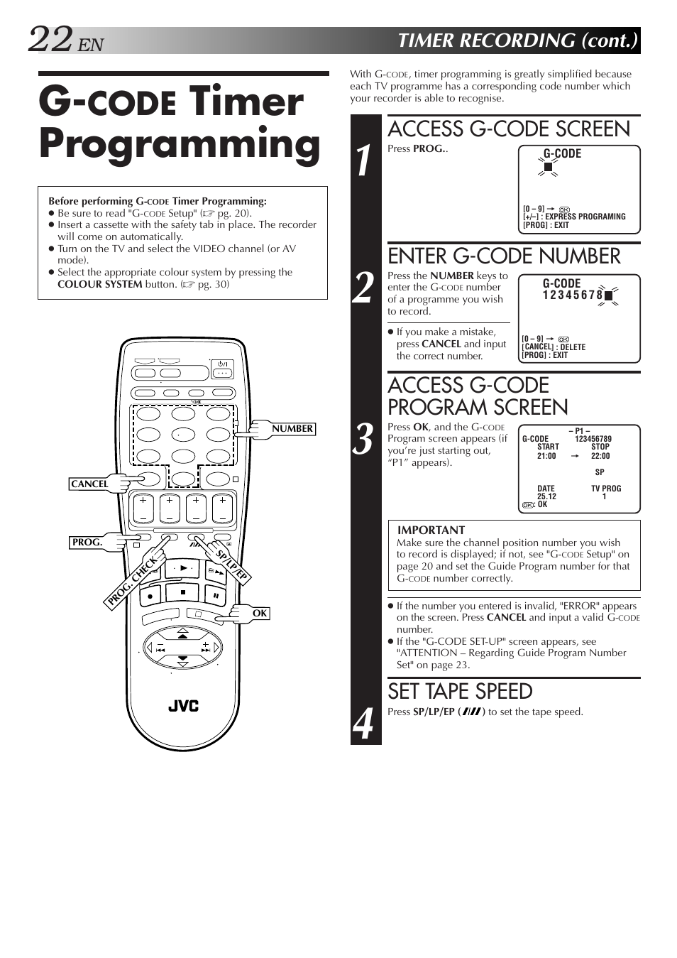 Timer programming, Code, Access g-code screen | Enter g-code number, Access g-code program screen, Set tape speed, Timer recording (cont.) | JVC HR-J655EA User Manual | Page 22 / 48