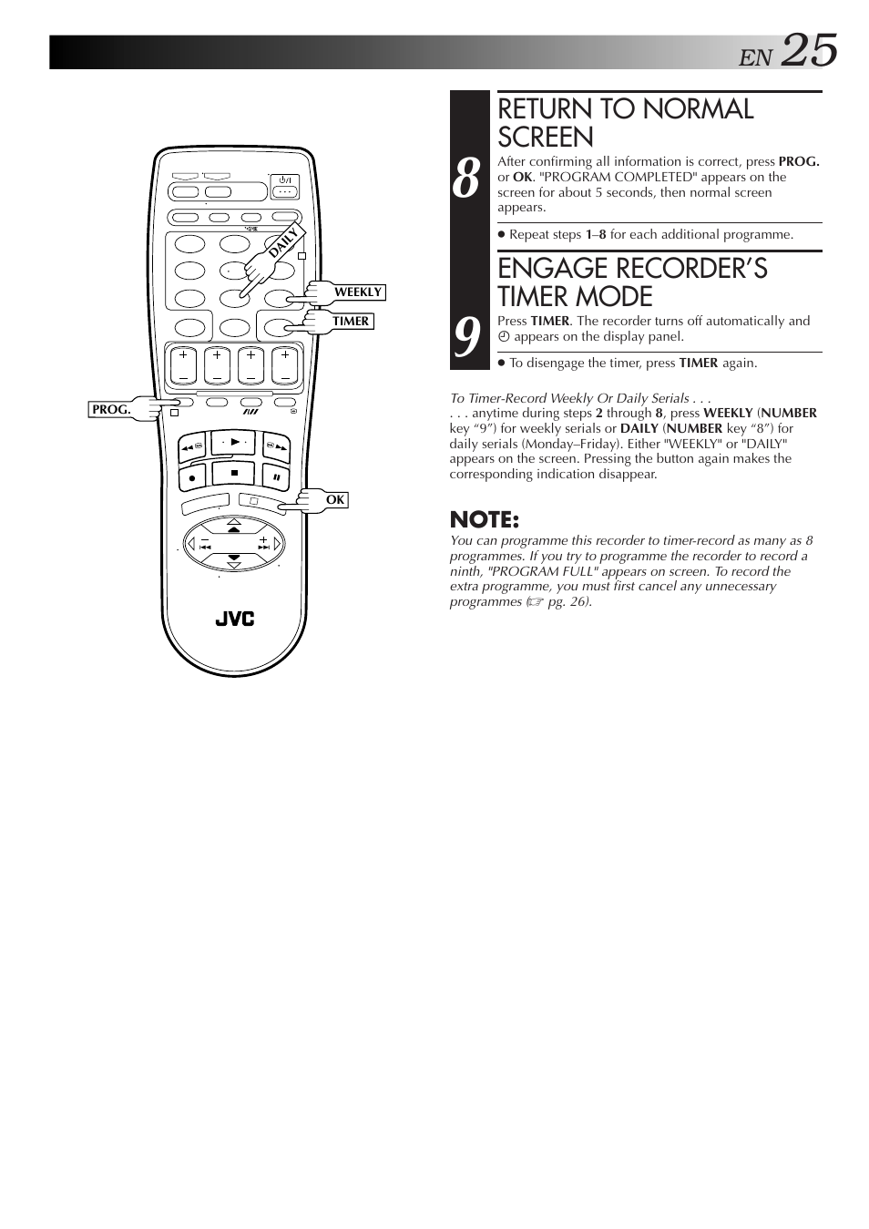 Return to normal screen, Engage recorder’s timer mode | JVC HR-J655EA User Manual | Page 25 / 48