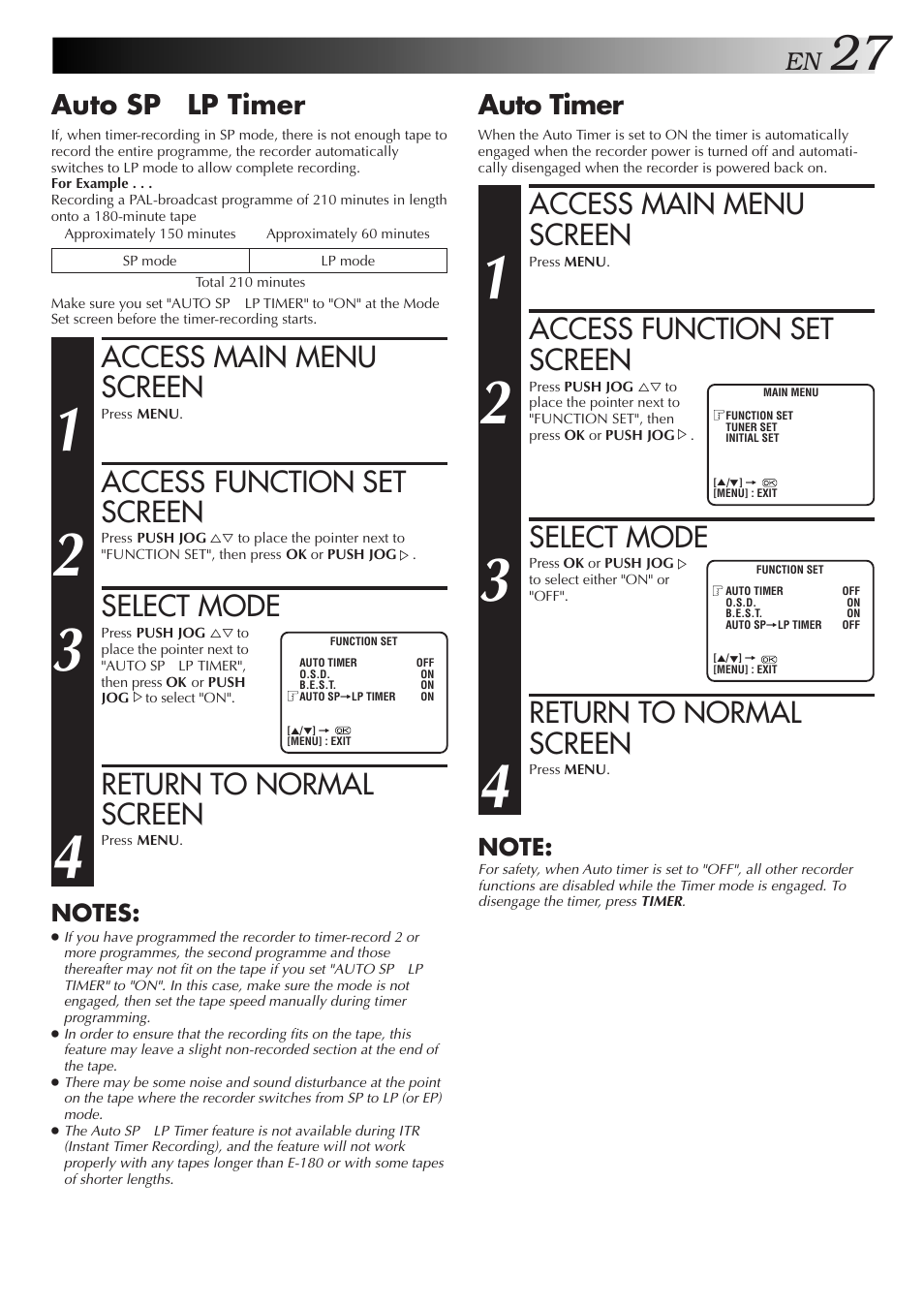 Access main menu screen, Access function set screen, Select mode | Return to normal screen, Auto timer, Auto sp → lp timer | JVC HR-J655EA User Manual | Page 27 / 48